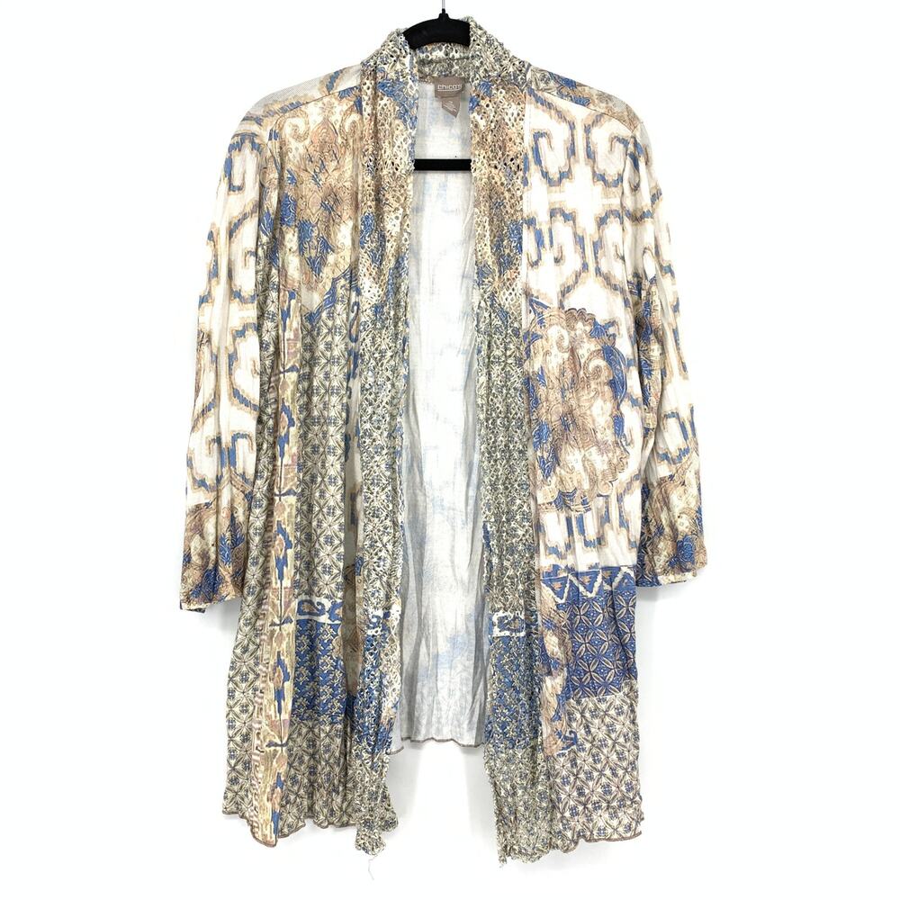 Chicos Open Front Cardigan Sweater Womens Size 2 US L Brown Blue Patterned Knit
